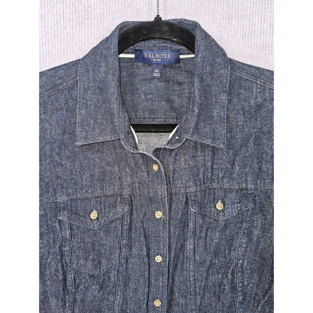Talbots Chambray Shirt Womens 10P Blue 100% Cotton Button Front Long Sleeve